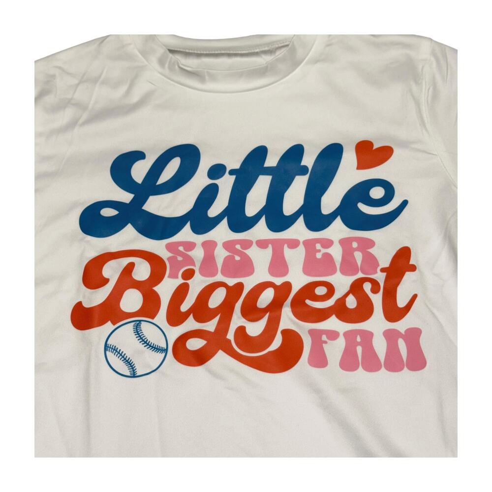 Little Sister Biggest Fan Shirt Kids Size 3-4Y White Baseball Theme - Picture 7 of 7